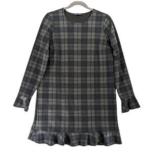 Zara Collection Ruffle Plaid Shift Dress M Gray Black Babydoll Bell Sleeves Mini